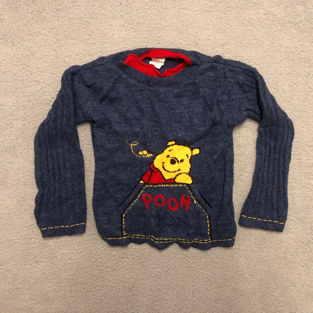 Vintage Winnie the Pooh Disney Knit Sweater Blue Kids Large 6X M.B. Kids Clothes - Picture 1 of 7